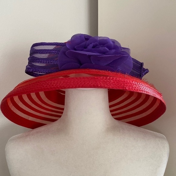 Red Hat Society Derby Purple Silk Flower Mesh Ribbon Vacation Party Holiday - Picture 4 of 15